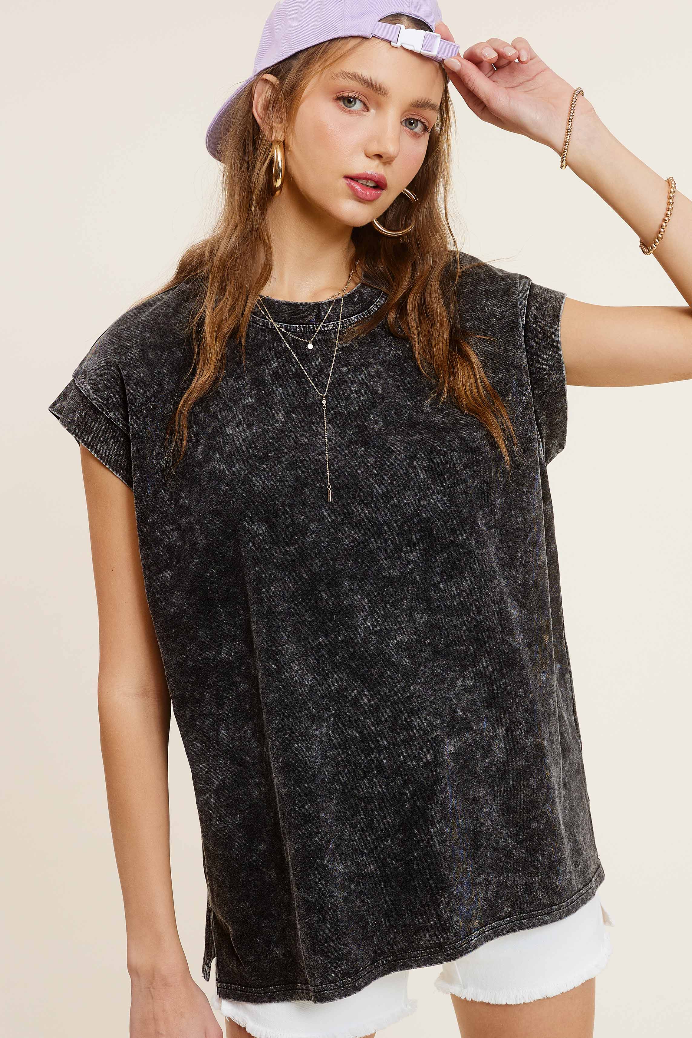 La Miel – wholesale Tunika - Dam – MCT7689-Mineraltvättad Kortärmad topp med rund halsringning1