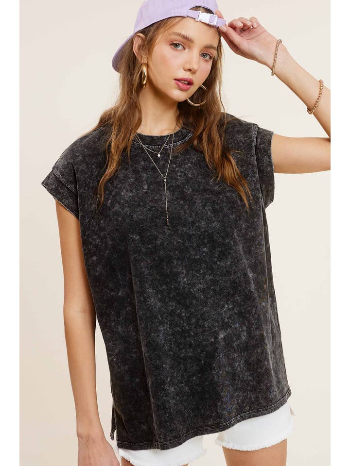 La Miel - Vente Tunique – femme - MCT7689-Haut à manches courtes et encolure ras-du-cou délavé au minéral1