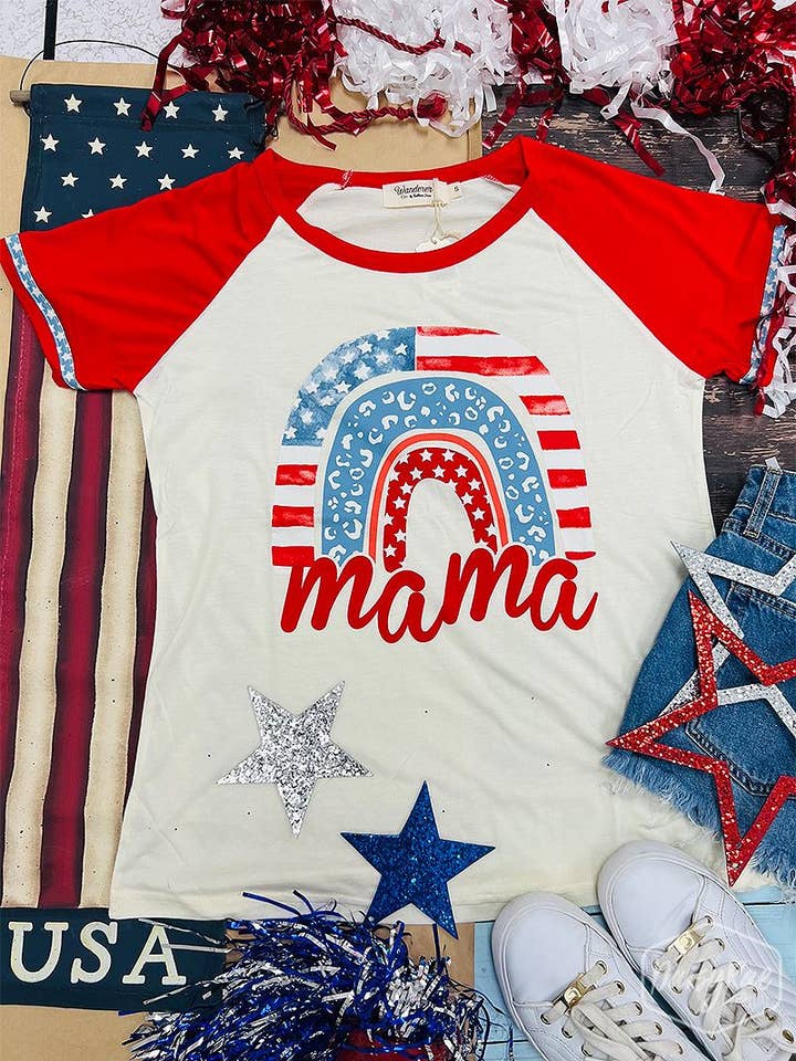 Mix Pattern Mama Patriotic Rainbow Tee for wholesale on Faire
