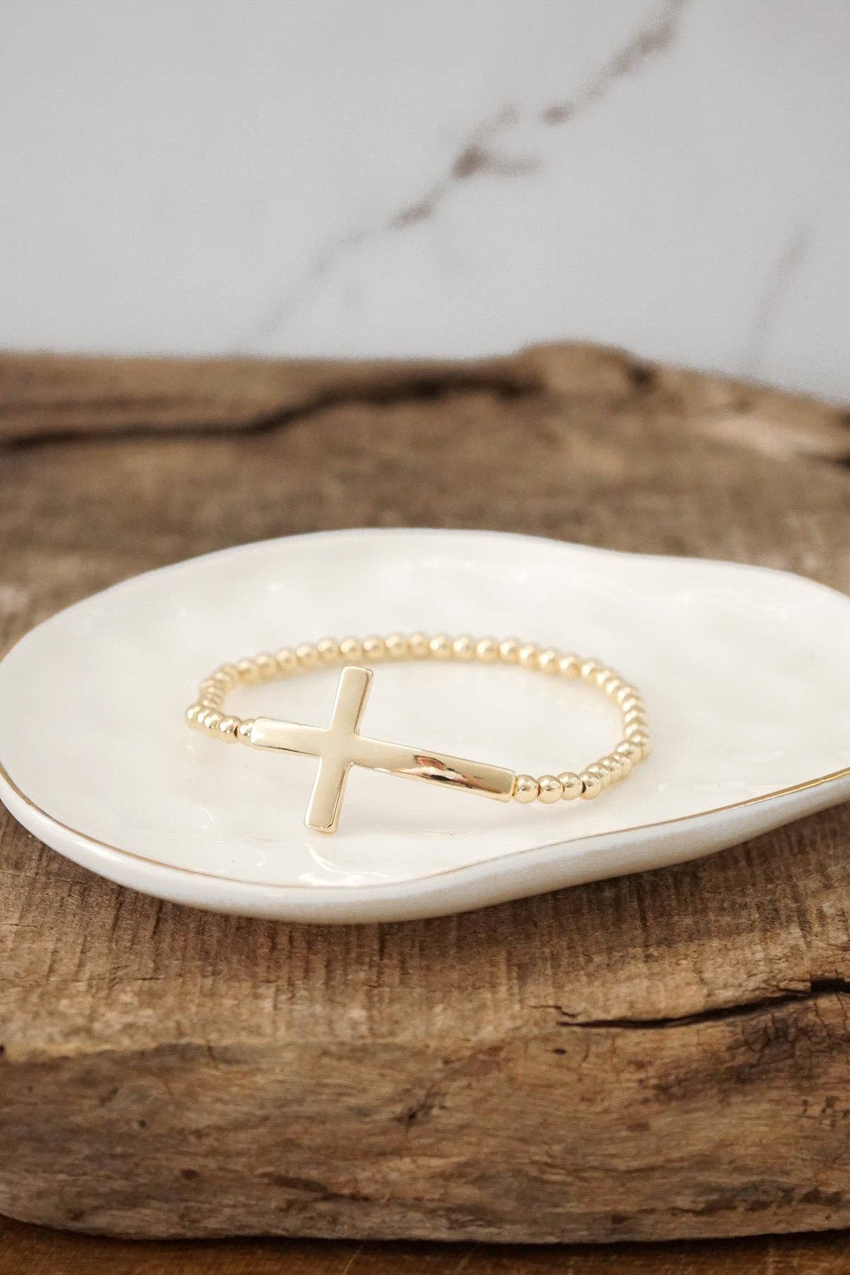 PennyLine inc - Vente Bracelet de perles - Bracelet extensible minimaliste croix en ton or avec perles rondes3