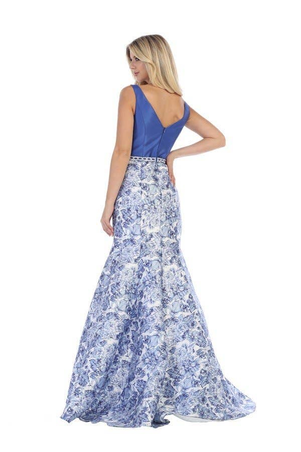 Blau Langes Satinkleid mit blauem Blumendruck und V-Ausschnitt XH5004 für den Großhandel auf Faire1