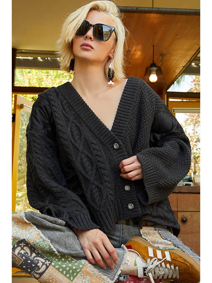 Pol Clothing - Wholesale Cardigan - Women's - Quilting patch contrast solid button down sweater SALE