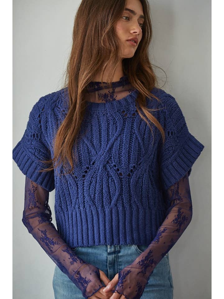 By Together - Wholesale Knit Top - Women's - W1124 | Knit Sweater Crochet Round Neck Short Sleeve Top