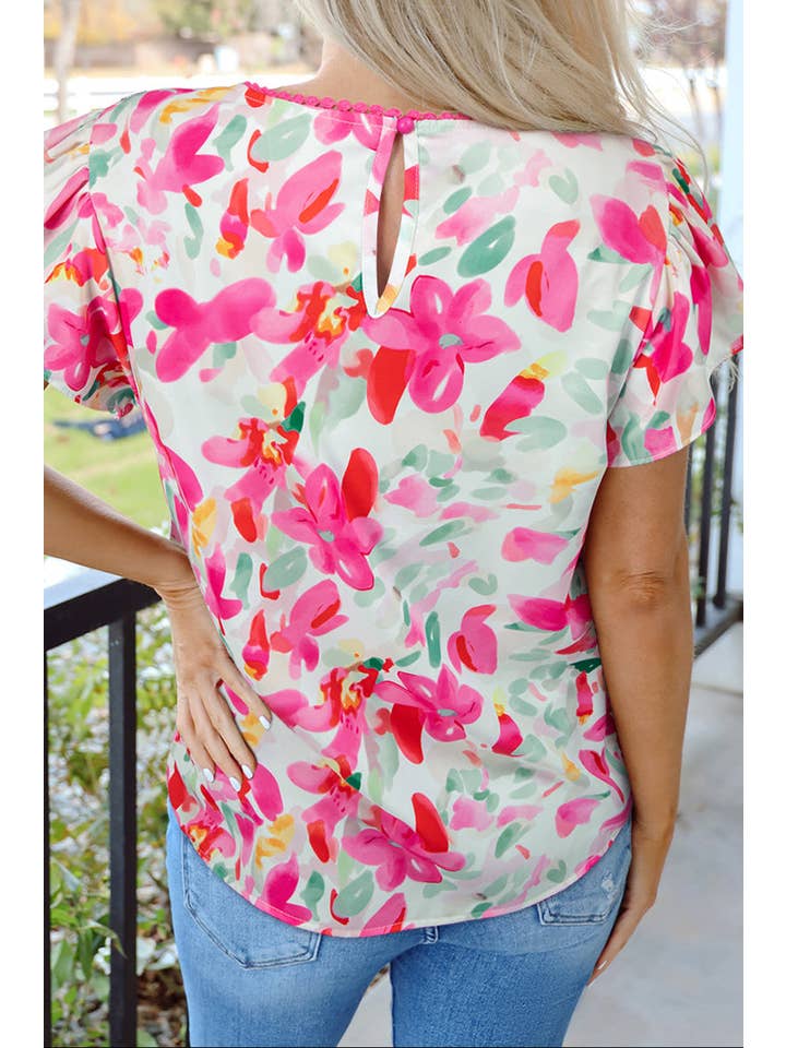 Rose Floral Flutter Sleeve Spring Blouse for wholesale on Faire