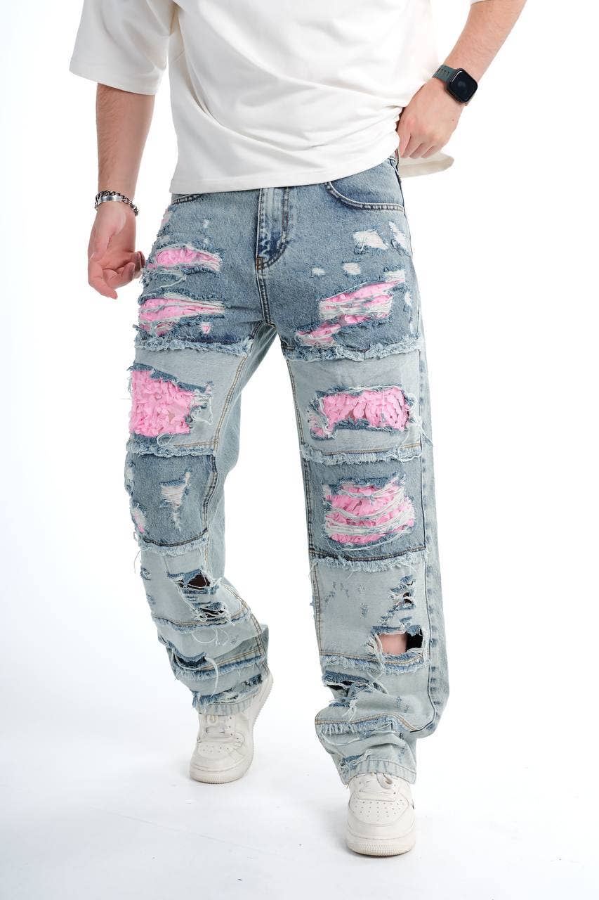 PremiumDenim – calças de ganga - Homem por atacado – Jeans de Ganga Rosa com Remendos e Corte Largo de Designer0