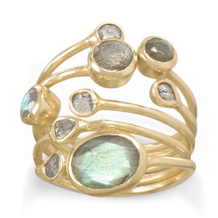 Bague en plaqué or 14 carats avec diamants polki et labradorite pour la vente par Silver Stars Collection