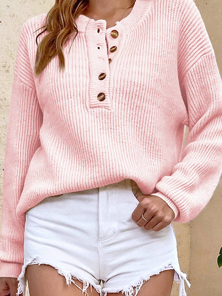 NINEXIS - Wholesale Knit Sweater - Women's - CWTTL1068 Long Sleeve Loose V Neck Button Pullover Sweater