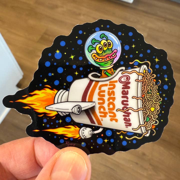 HOLOGRAPHIC STICKER: Ramen Spaceship with Alien for wholesale by Ryan McCulloch Art