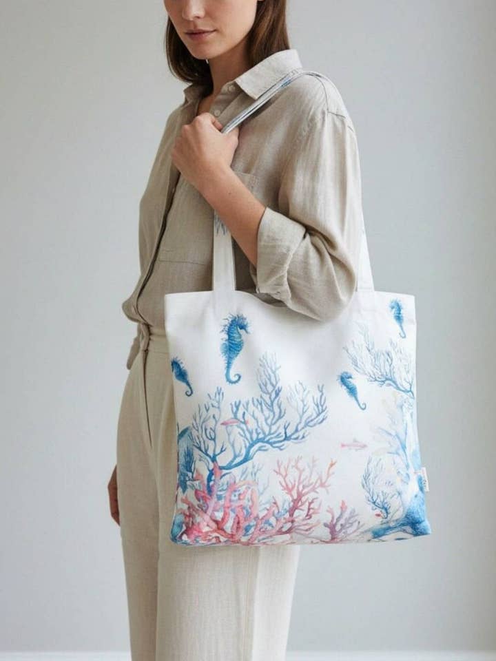 JCFB0119 Blue Seahorse and Pink Coral Watercolor Tote Bag for wholesale by JC Sunny Fashion