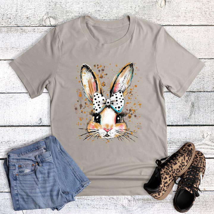 Maglietta grafica con fiocco e coniglietto pasquale schizzato per la vendita all'ingrosso da parte di Rebel Rose