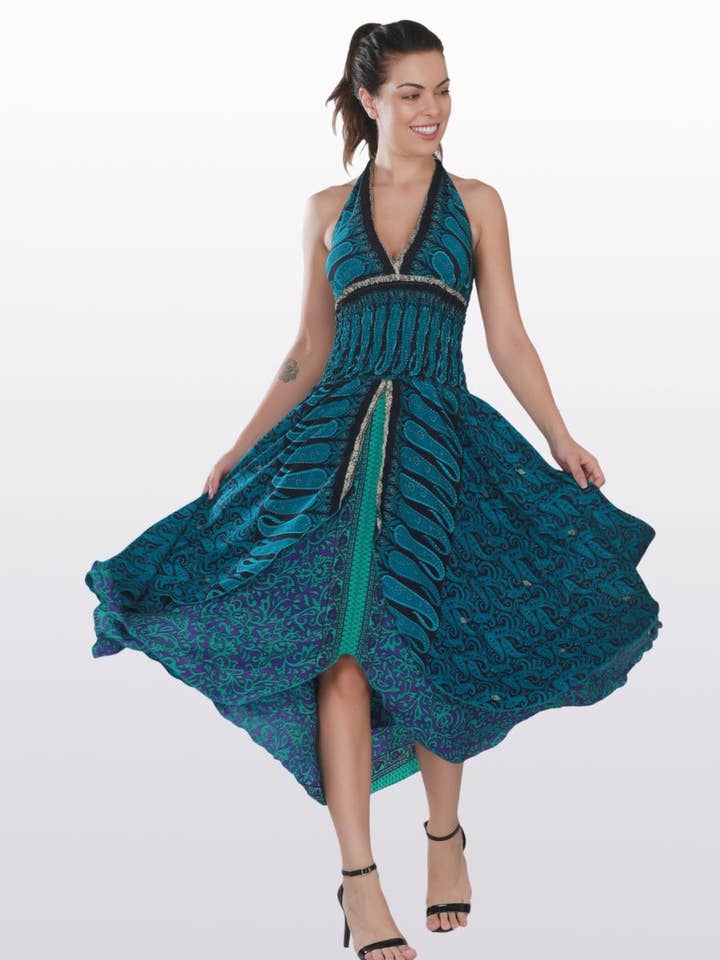 Women Deep V Halter Neck Elastic Waist Floral Printed Dress for wholesale by Wevez