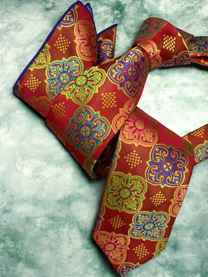 DMITRY 7-fach Herren Krawatte & Einstecktuch Set aus italienischer Seide mit orangem Muster (Limitierte Auflage) für den Großhandel von DMITRY Ties