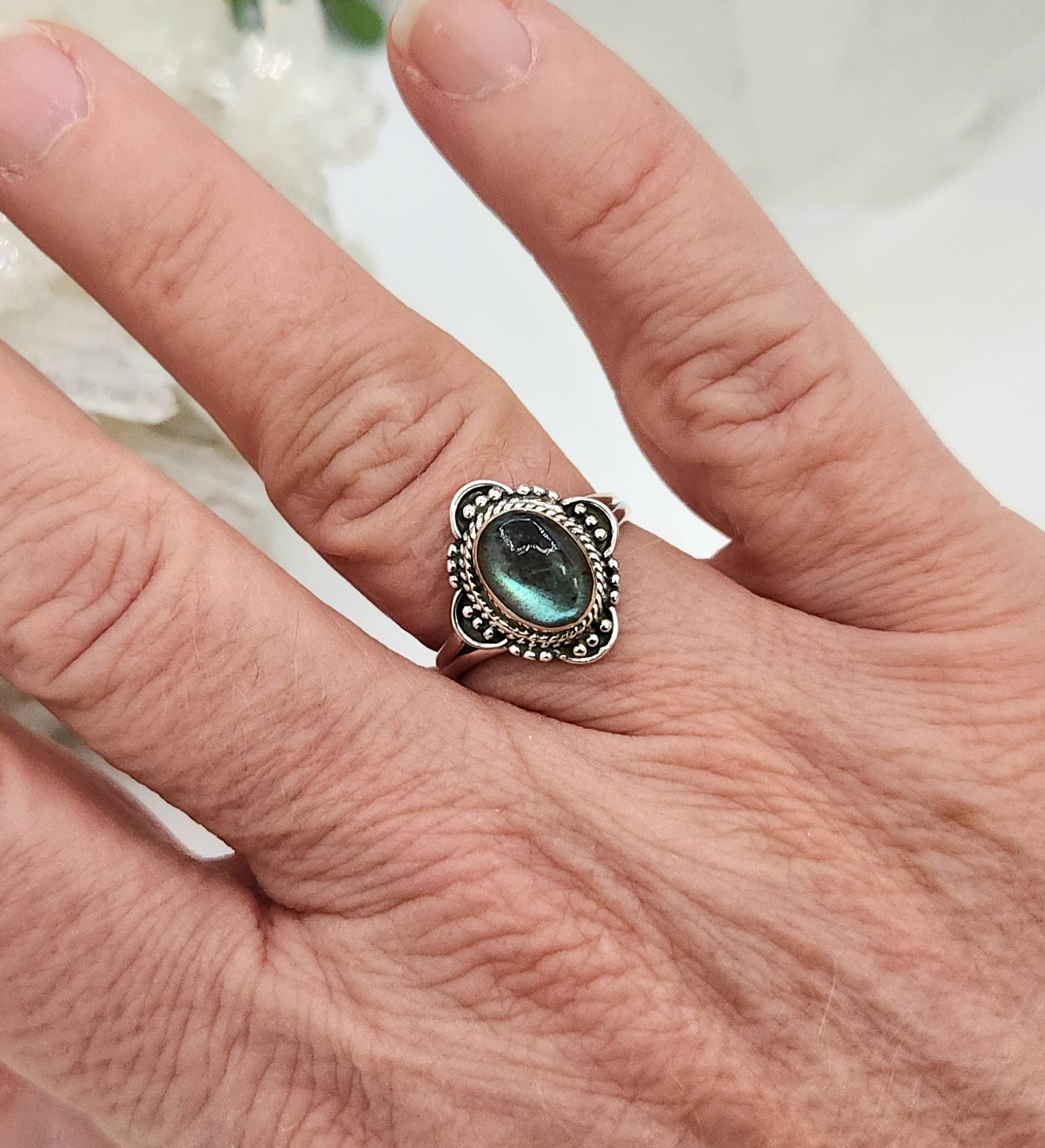 Meraki Gemstones - Venta al por mayor Anillos grandes/de cóctel - Piedra preciosa de labradorita (8 x 10 mm) Plata de ley (925)--Anillo5