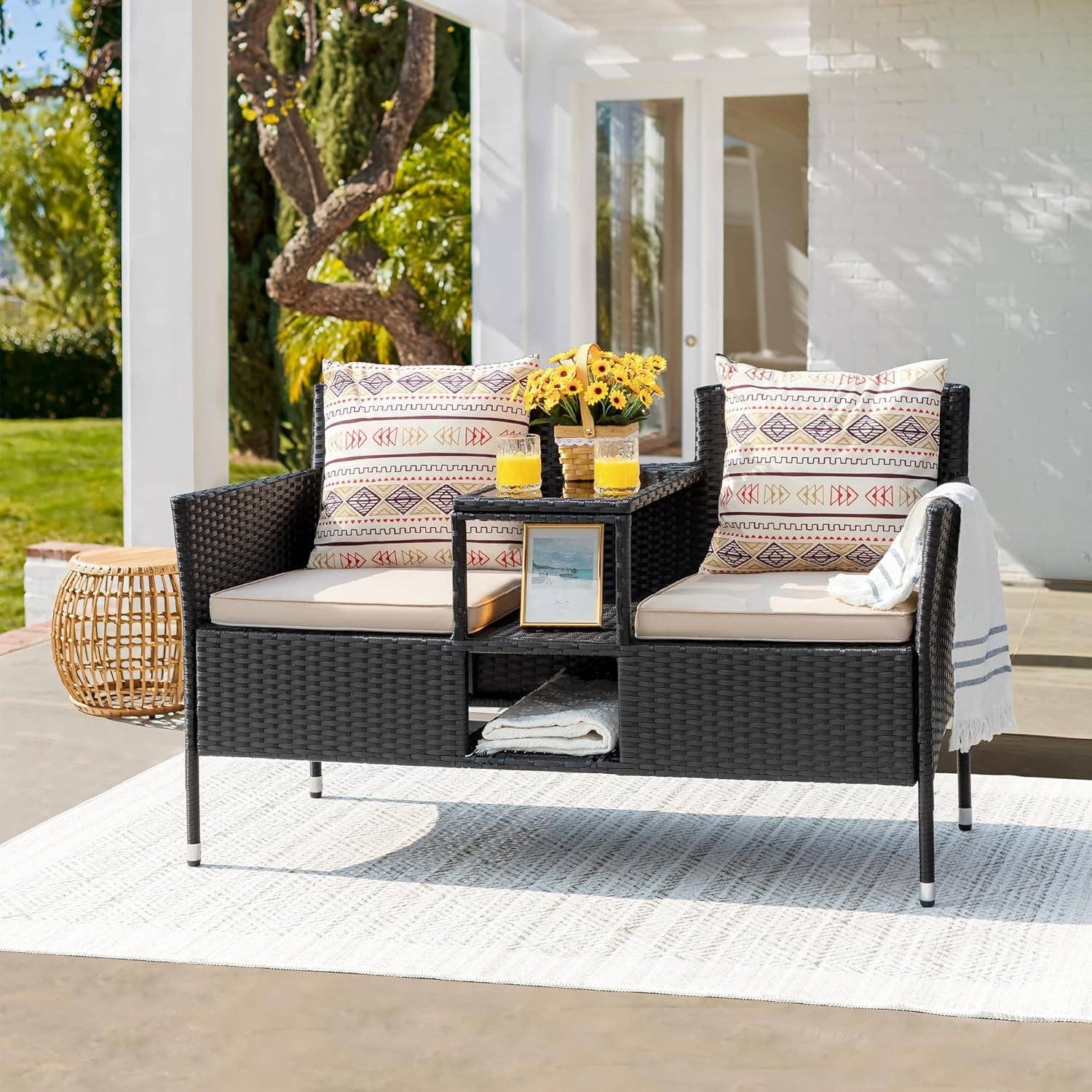Outdoor Patio 2 Seat Loveseat Set With Built Table Beige for wholesale on Faire1