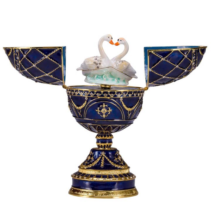 Faberge Egg Music Box Trinket Jewel Box with Two Swans blue for wholesale by danila-souvenirs
