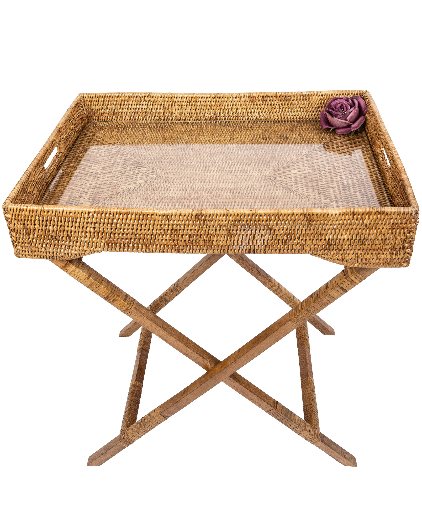 Artifacts Trading Company - Wholesale Serving Tray - Rattan Butler Tray Table with Glass Insert – Folding Table10