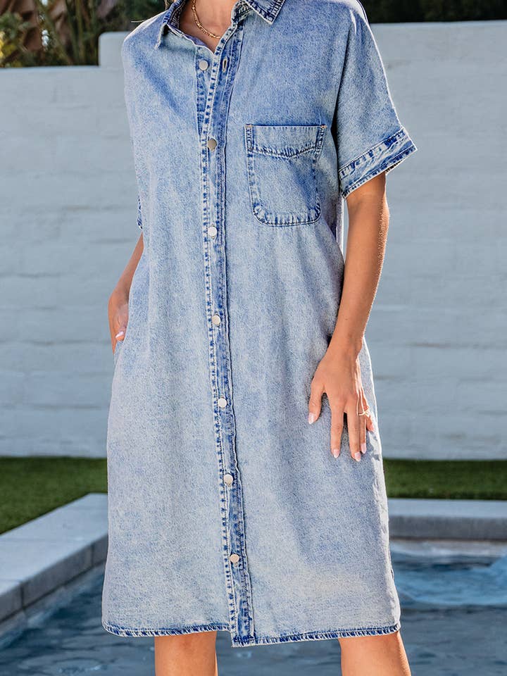 Light Blue Loose Medium Wash Chambray Dress with Short Sleeves for wholesale on Faire1