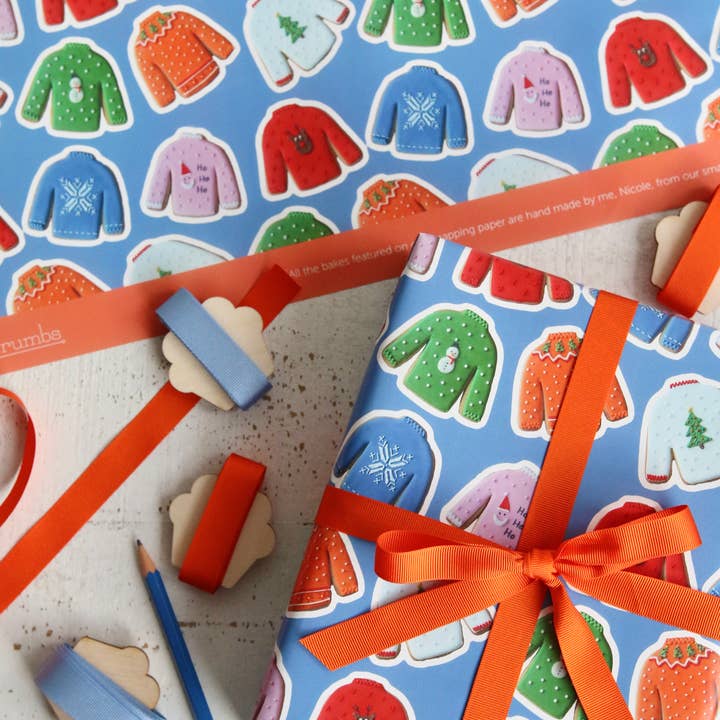 Afternoon Crumbs – wholesale Flat wrap – Christmas Jumper Biscuit Wrapping Paper2