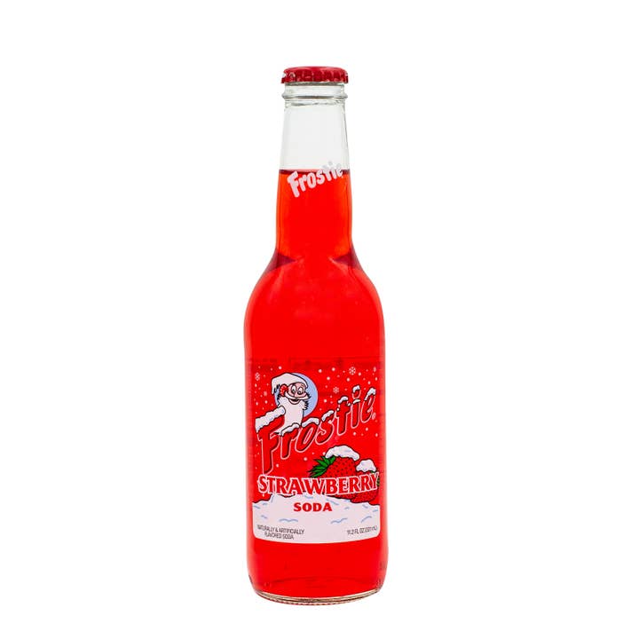 Frostie Strawberry Soda, 12oz Glass Bottle 12ct for wholesale by Grandpa Joe's Candy Shop