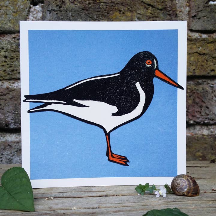 Lino Oystercatcher Blank Greetings Card for wholesale by Little Plover
