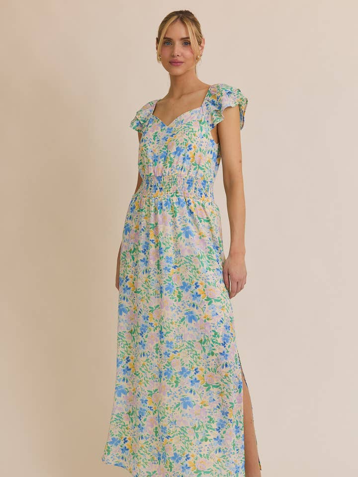 SWEETHEART NECK LINE RUFFLE SLEEVE FLORAL PRINT DRESS for wholesale by GILLI