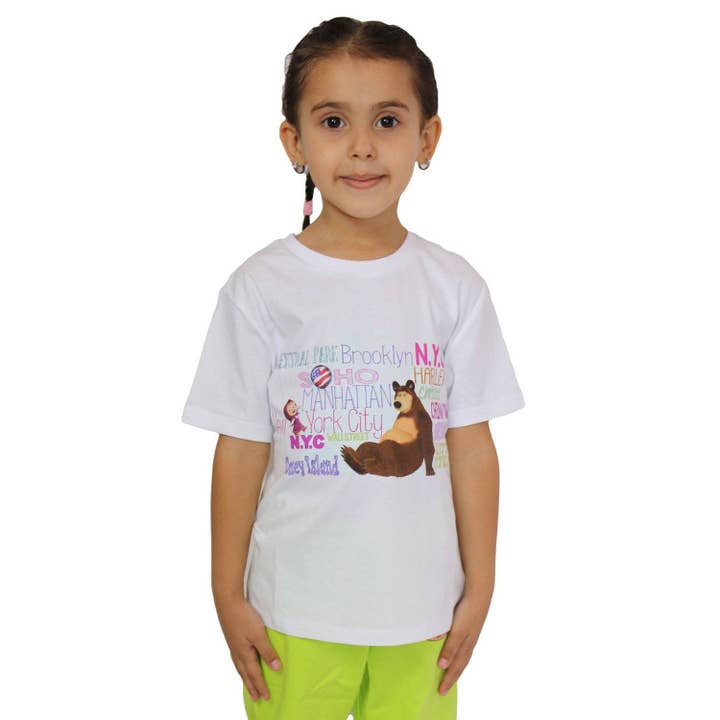 Masha and The Bear Crew Neck Short Sleeve T-Shirt, featuring delightful "Travel US" graphics! for wholesale by Comfort Clothing INC