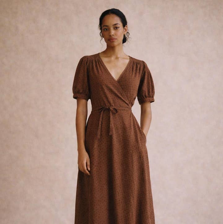 Atèlette - Wholesale Dress - Women's - Cotton Brown Floral Wrap Midi Dress - Pemberley Dress0