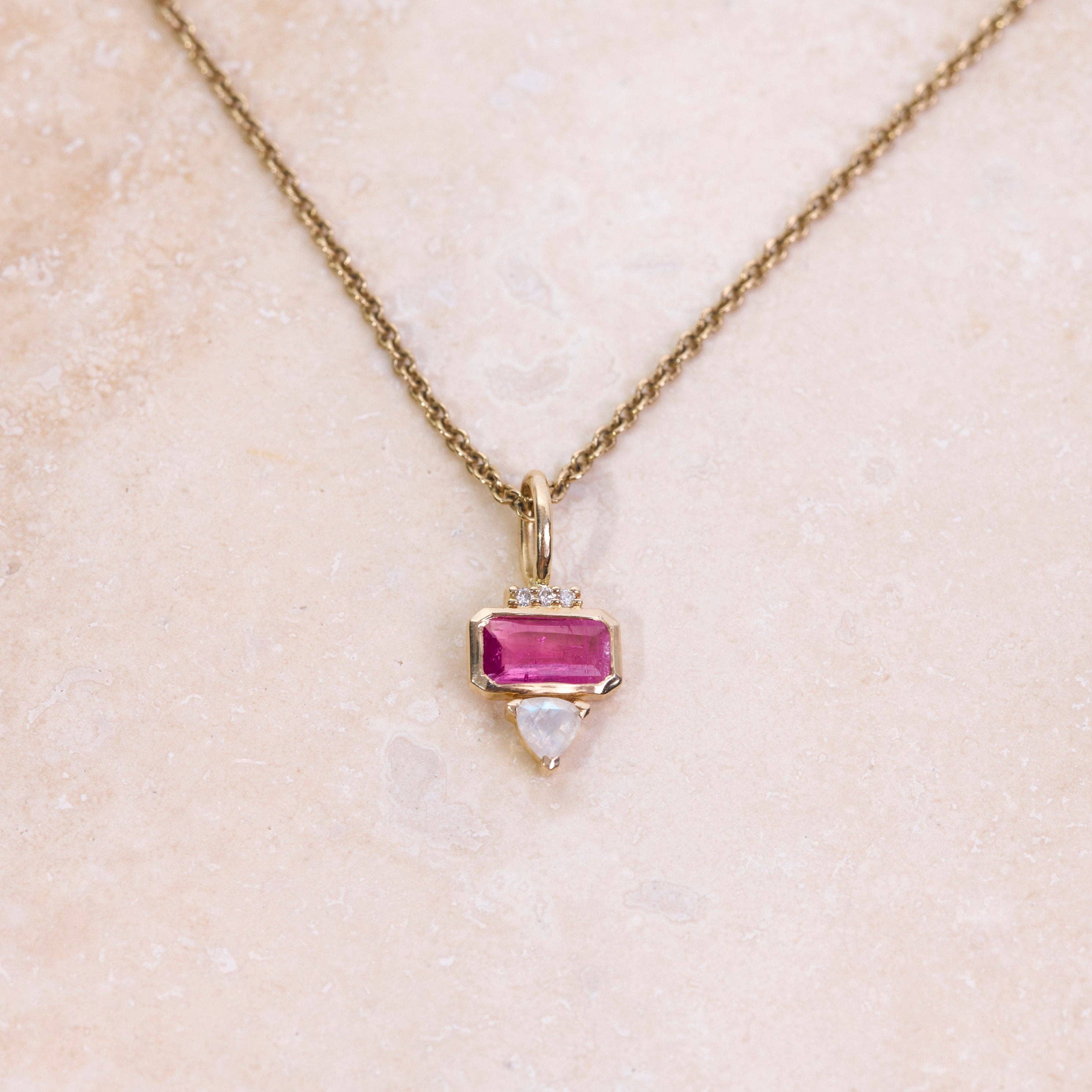 ZOHREH - Wholesale Pendant/Charm Necklace - Pink Tourmaline, Diamond & Moonstone Pendant 9k Gold4