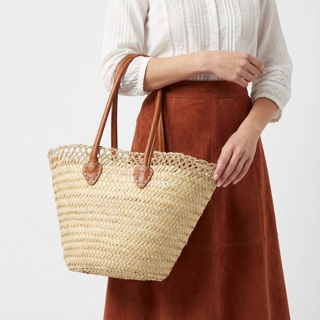 Melecraft - Vente Tote bag – femme - Panier de marché français en paille avec poignées en cuir4