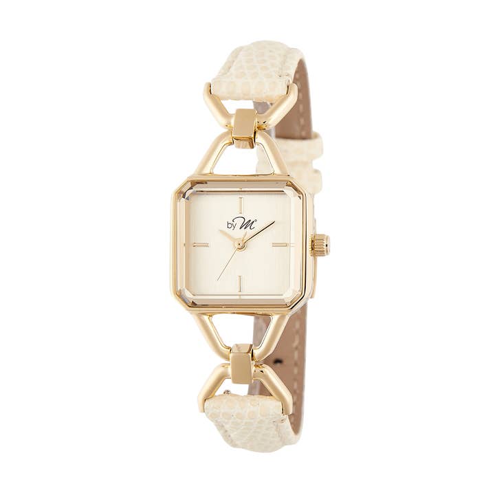 Vintage Inspired Gold Square Watch Beige Leather Strap for wholesale by by M degrees