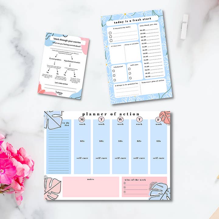 Conjunto de 3 planeadores de secretária self-care - Bloco de notas Planner Semanal por atacado de The Calming Club