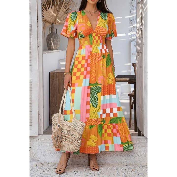 Elings - Wholesale Dress - Women's - Allover Print Deep V Elastic Waist Band Maxi Dress8