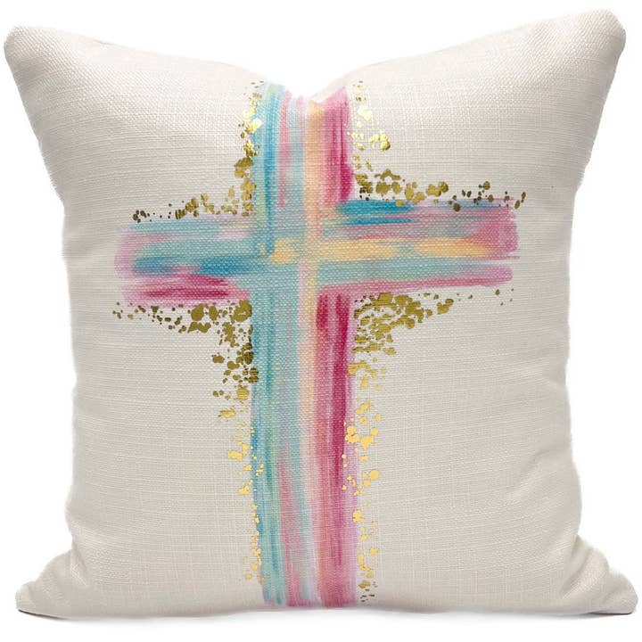 Coussin Croix Pastel en Feuille d'Or pour la vente par Rachel Brooks Design, LLC