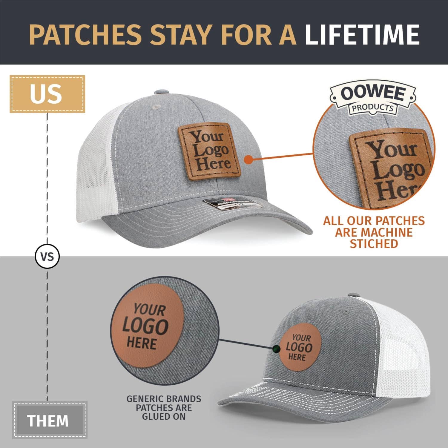 Oowee Products - Wholesale Trucker Hat - Unisex - Custom Leather Patch Trucker Hats - Add Your Logo or Artwork30