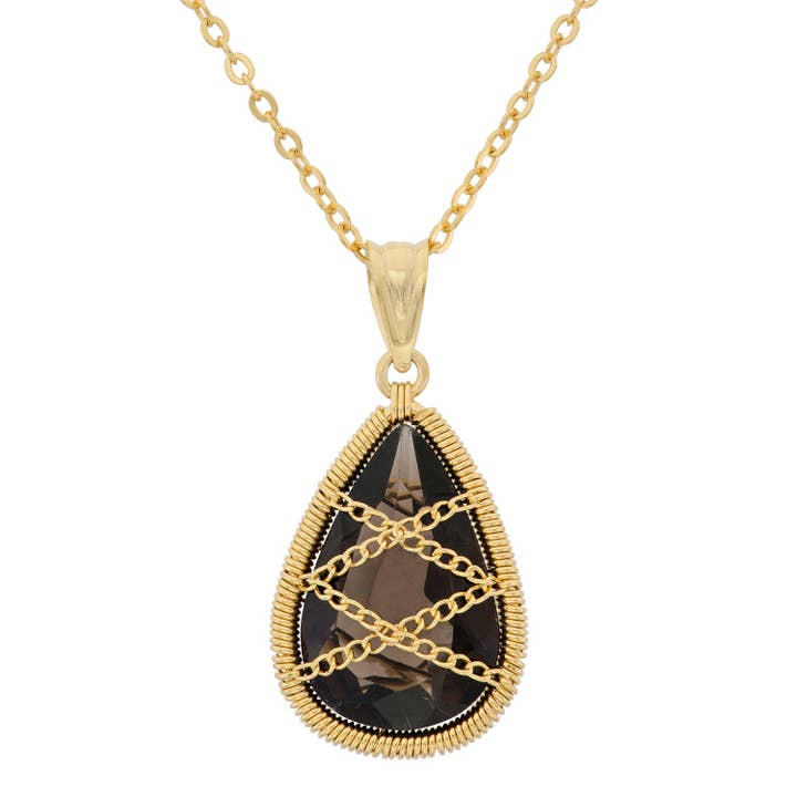 Collar con colgante en forma de lágrima de cuarzo ahumado con envoltura de plata de ley GP/plata de ley para venta al por mayor de Luxe on Main LLC