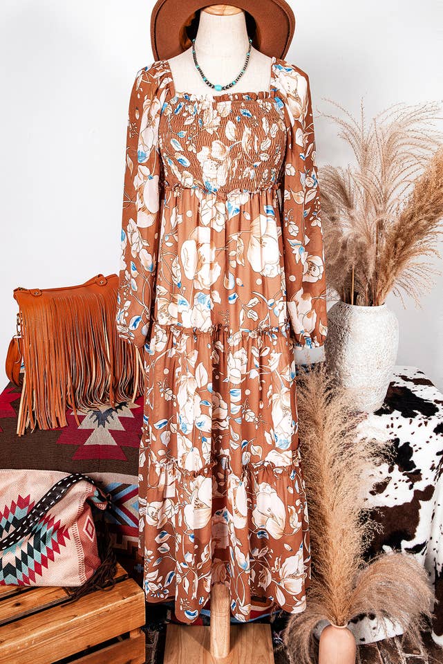 Brown Fashion-W Boho Floral Shirred High Waist Maxi Dress for wholesale on Faire2