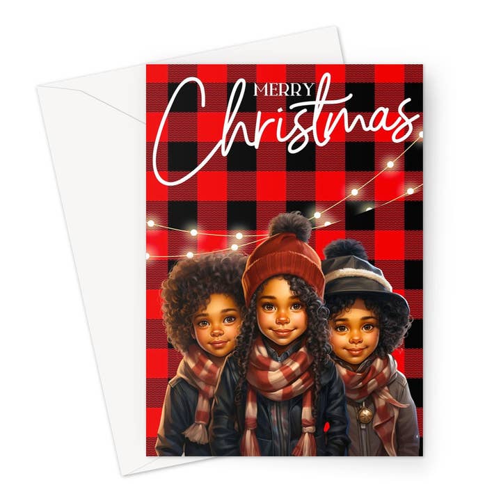 Red and Black Plaid Black Girl Ethnic Greeting Card for wholesale by D'Sare