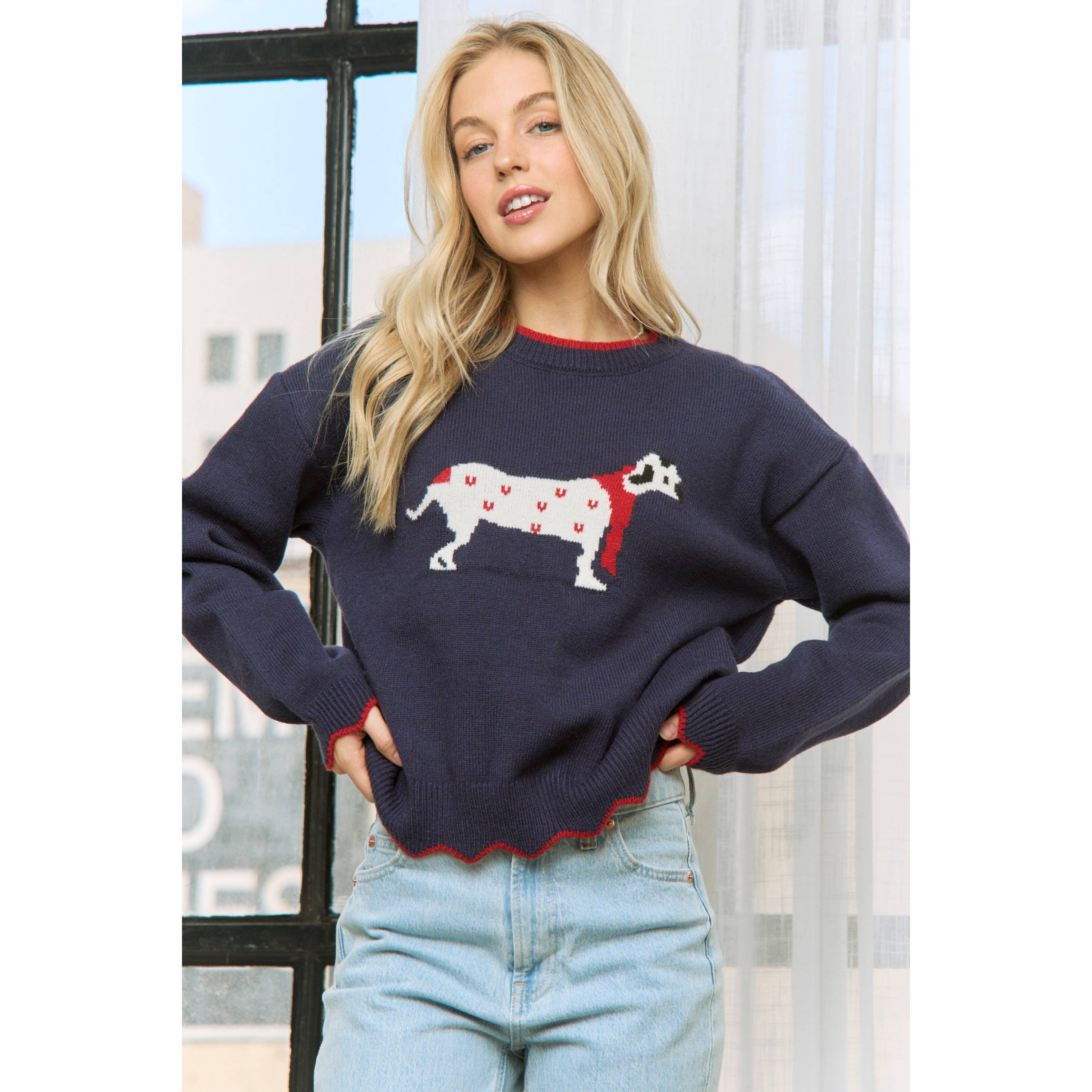 Navy Multi CHIC PUPPY JAQUARD SCALLOP EDGES SWEATER PULLOVER for wholesale on Faire3