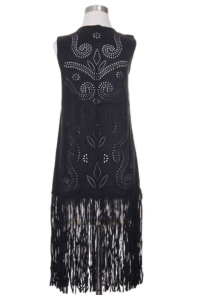 Hana - Venta al por mayor Chaleco de abrigo - Mujer - Chaleco de gamuza cortado con láser con estampado de hojas geométricas7