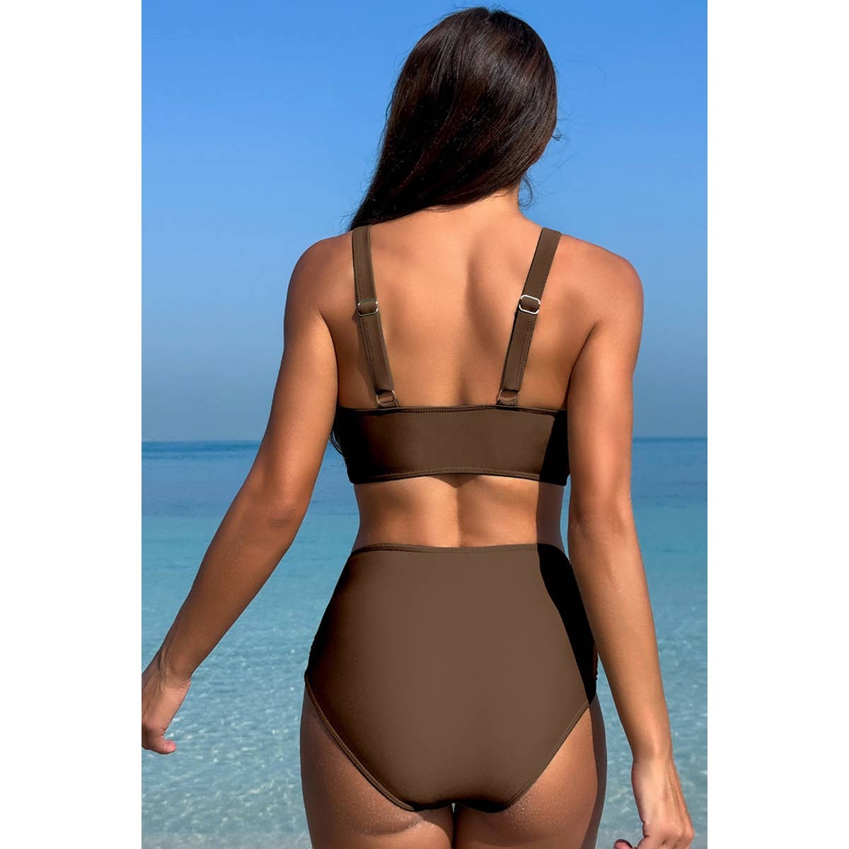 khaki Deep V Lace Trim Two Pieces Sleeveless Swimsuit for wholesale on Faire2