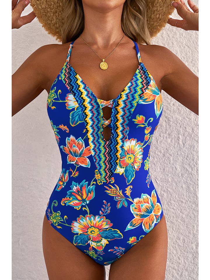 Blue Floral Cutout One Piece Swimsuit for wholesale on Faire