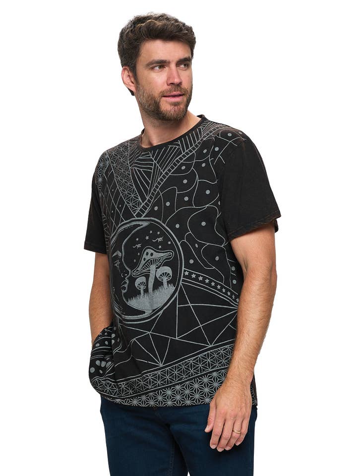 Yak & Yeti - Wholesale Screen Printed T-Shirt - Men's - SALE Men's T-Shirt Sacred Geometry Moon Mushrooms