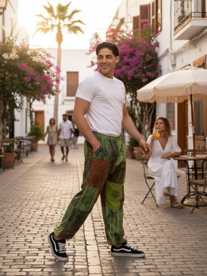 Unisex green patchwork harem pants Kimago cotton for wholesale by Kimago Look