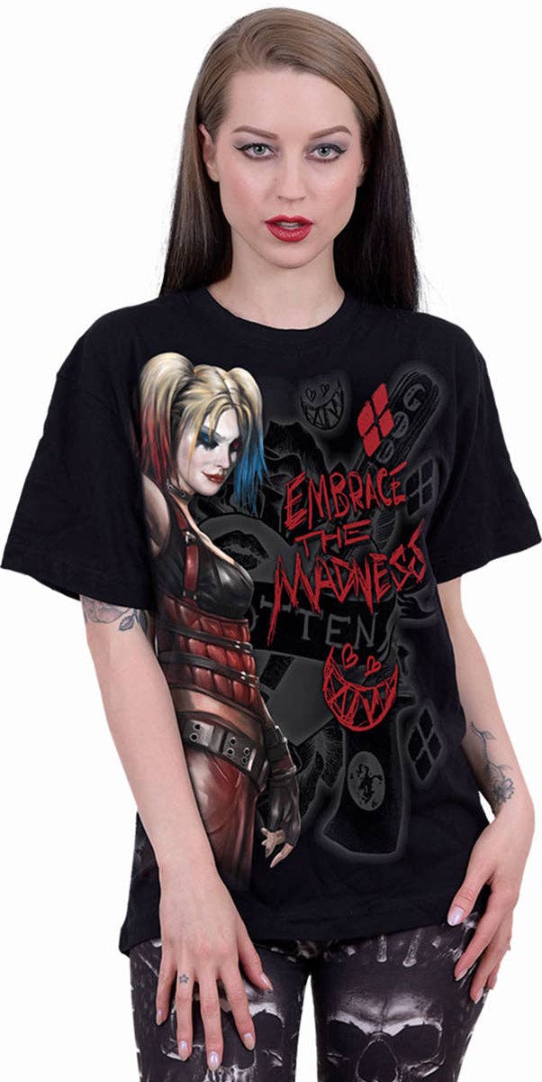 Spiral - Wholesale Screen Printed T-Shirt - Unisex - HARLEY QUINN - EMBRACE MADNESS - Front Print T-Shirt Black1