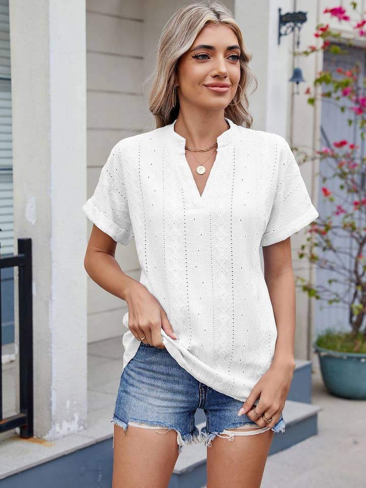 Lovesoft – Großhandel Bluse – Damen – Jacquard V-Ausschnitt Kurzarm Lockeres T-Shirt