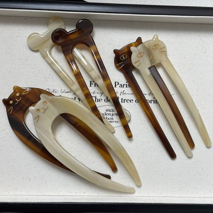 Cute Acetate Cat U-Shaped Hairpin for wholesale by Tourtiwi