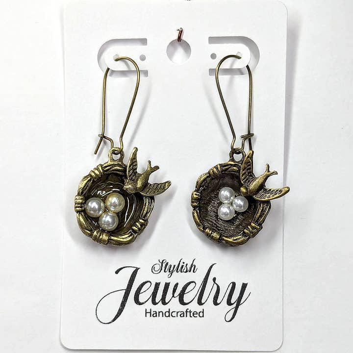 Stylish Jewelry Supply - Wholesale Dangle Earrings - Antique Bronze Sparrow Bird Nest Eggs Earrings