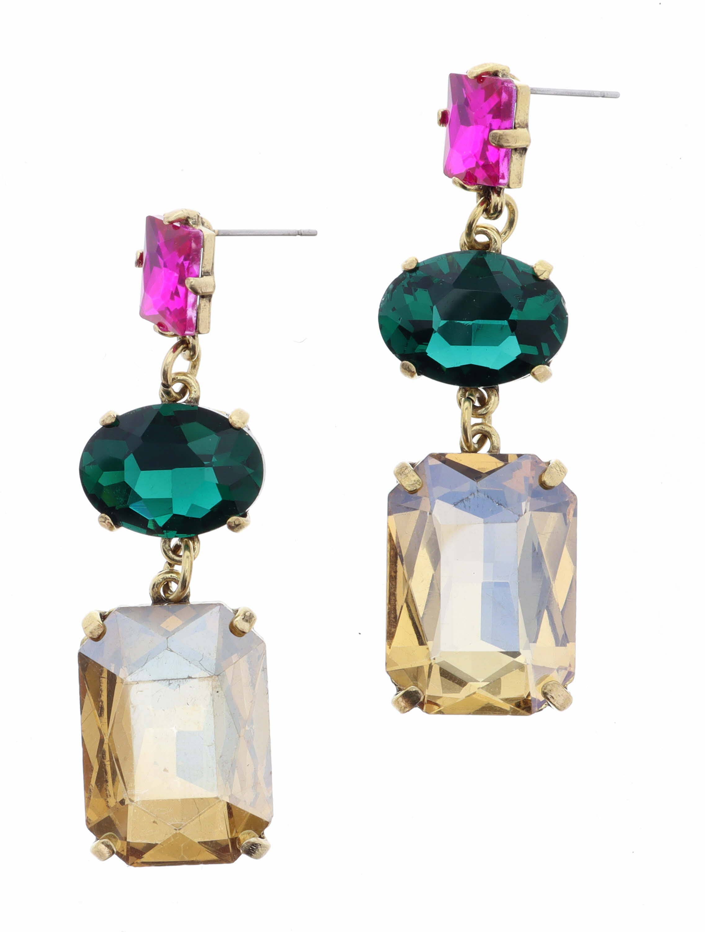 Jane Marie - Wholesale Dangle Earrings - Pink Square, Emerald Oval, Champagne Crystals Earring0