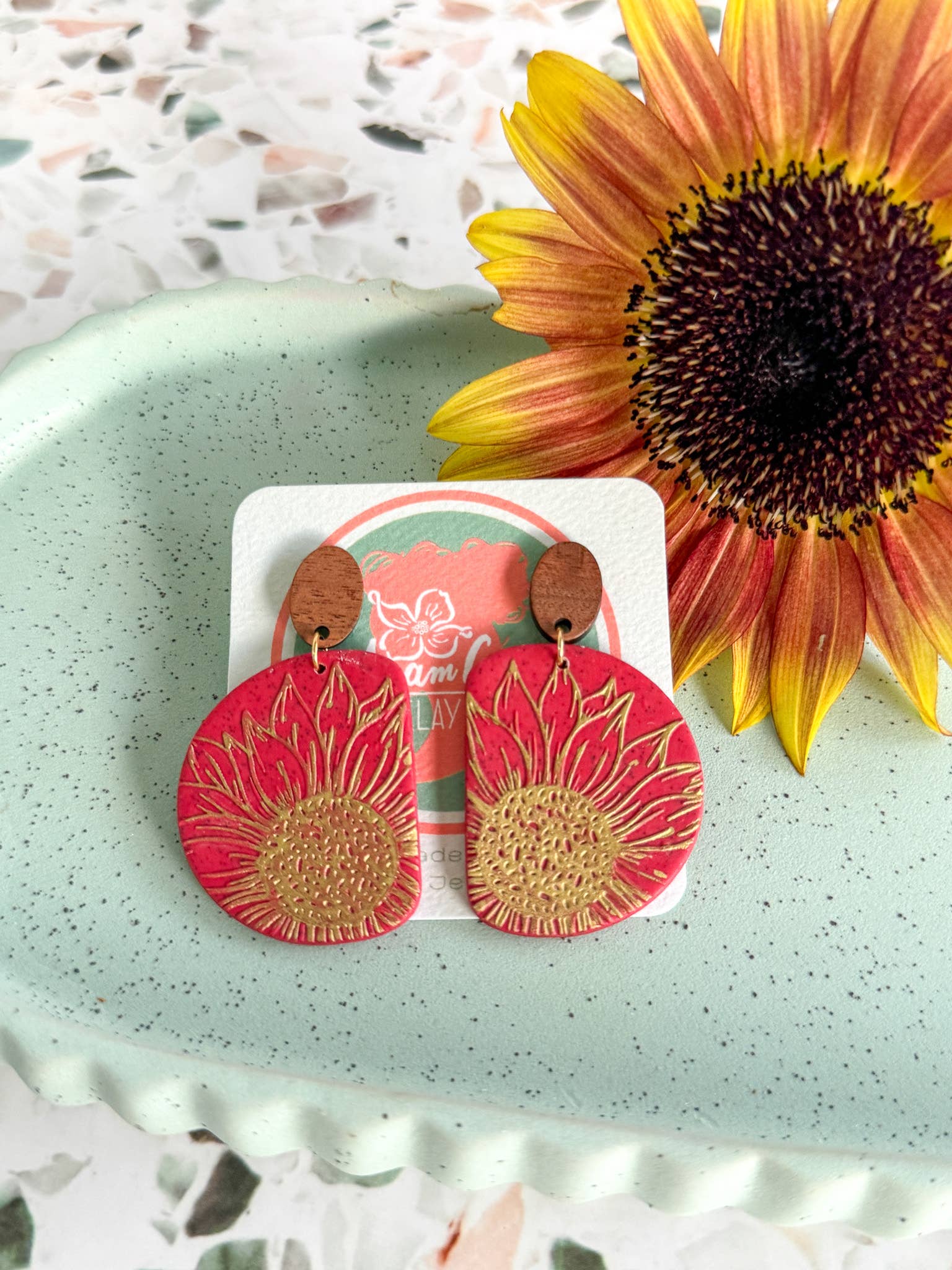 Anam Cara Clay Goods - Wholesale Dangle Earrings - Half Circle Sunflower Drops Polymer Clay EarringS9