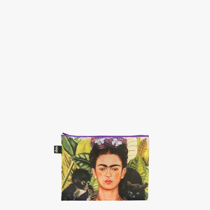 LOQI - Vente Pochette – unisexe - Frida Kahlo : autoportrait à la frontière avec colibri, sac avec poches zippées en matériaux recyclés2